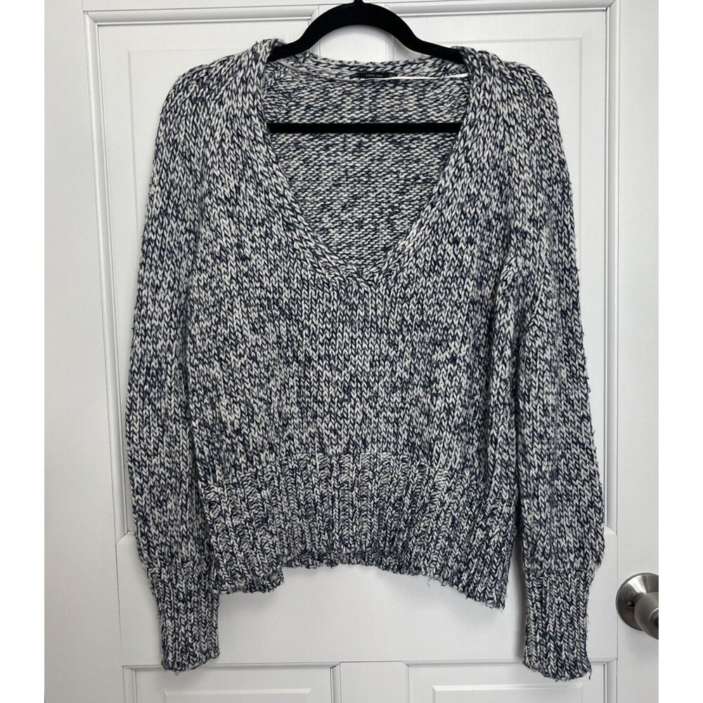 Zara Chunky Knit Cropped Sweater Womens Size Small Blue Marled V-Neck Wool Blend